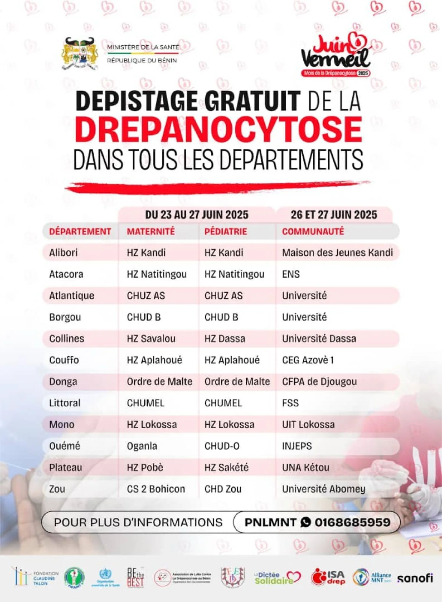 Le dépistage de la drépanocytose dans tous les départements du Bénin. Juin Vermeil 2025